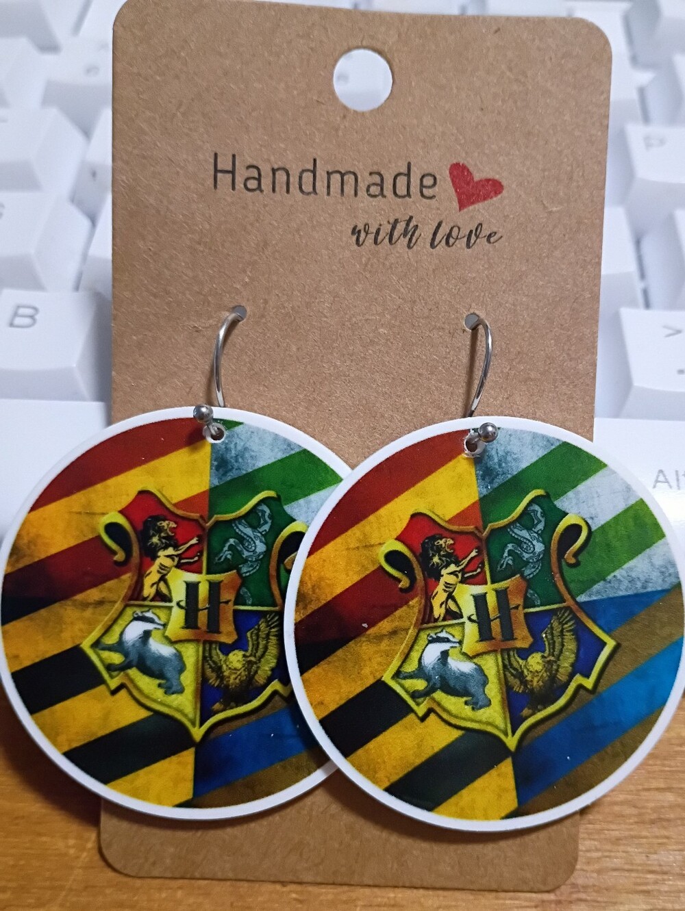 Handmade Harry Potter Hogwarts Crest Round Dangle Earrings - Multicolor